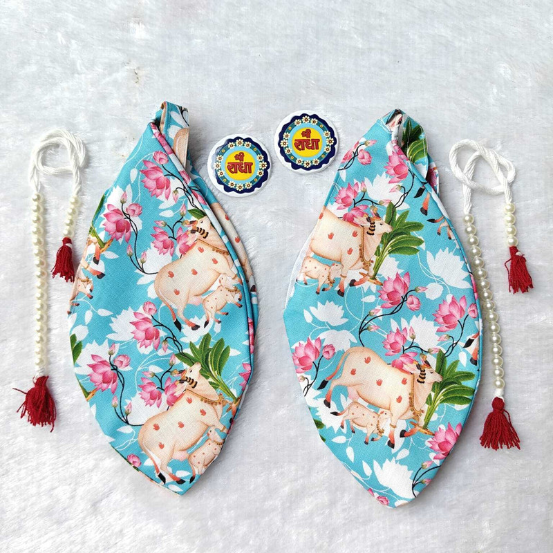 Kriddha Marketing Pack of 2 cow printed jaap bead bag for chanting and bead mala, broach (Blue) Potli