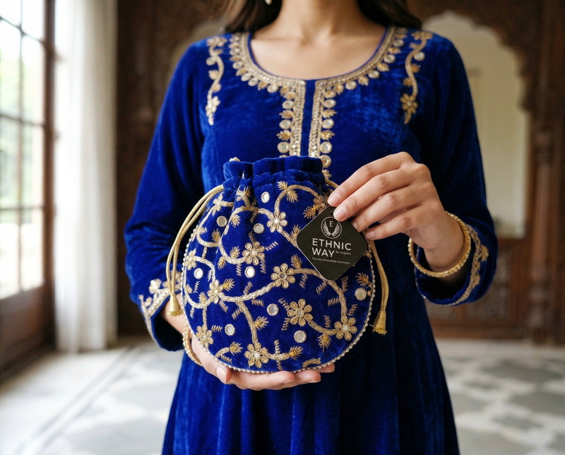 ETHNIC WAY Blue Velvet Potli Bag for Women with Pearl Handle & Gold Embroidery Potli