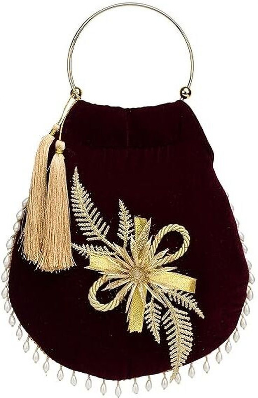 athizay Ethnic Handbags for Women UFO Shape Red Wine Potli bags With Golden Moti Potli
