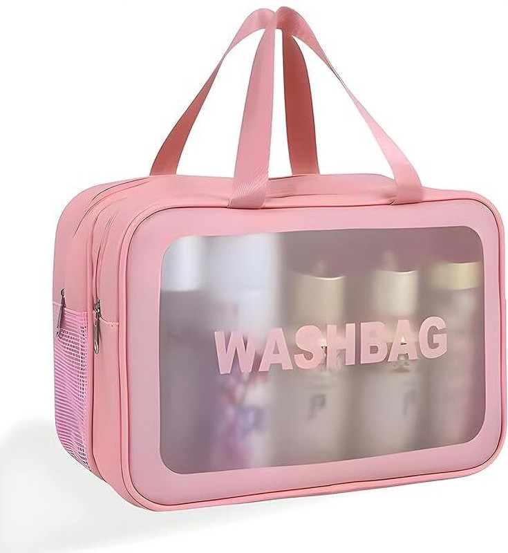 LOVHIDE Transparent Pink Medium Size Wash Bag with Handle for Makeup and Toiletries Cosmetic Bag