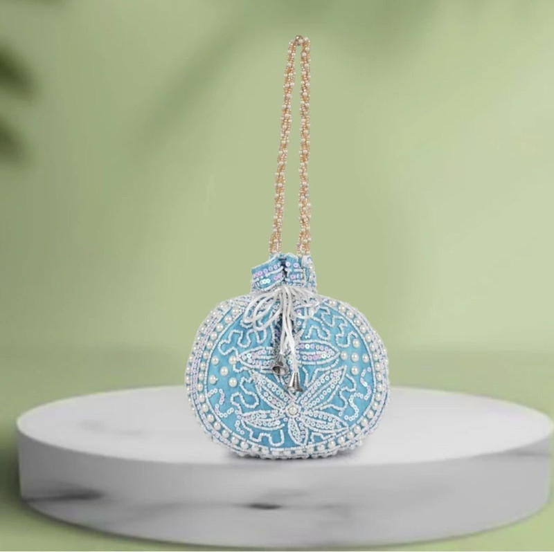 Elhem Handcrafted White Pearl Sequin Potli Bag for Women Bridal & Festive Ethnic Potli Potli