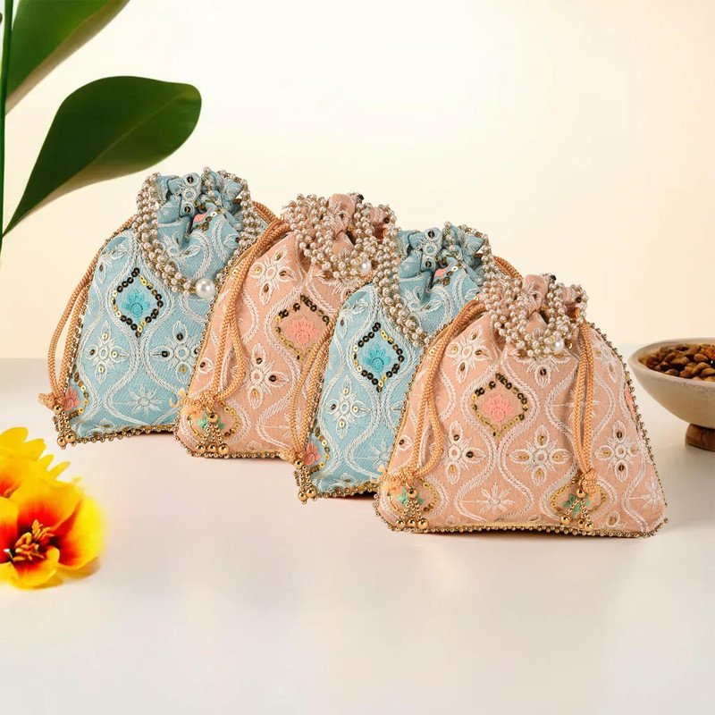 KUBER INDUSTRIES 2 Pcs Embroidery Pearl Handle Potli Bags for Women | Lakhnavi -Cream & Sky Blue Potli(Pack of 2)
