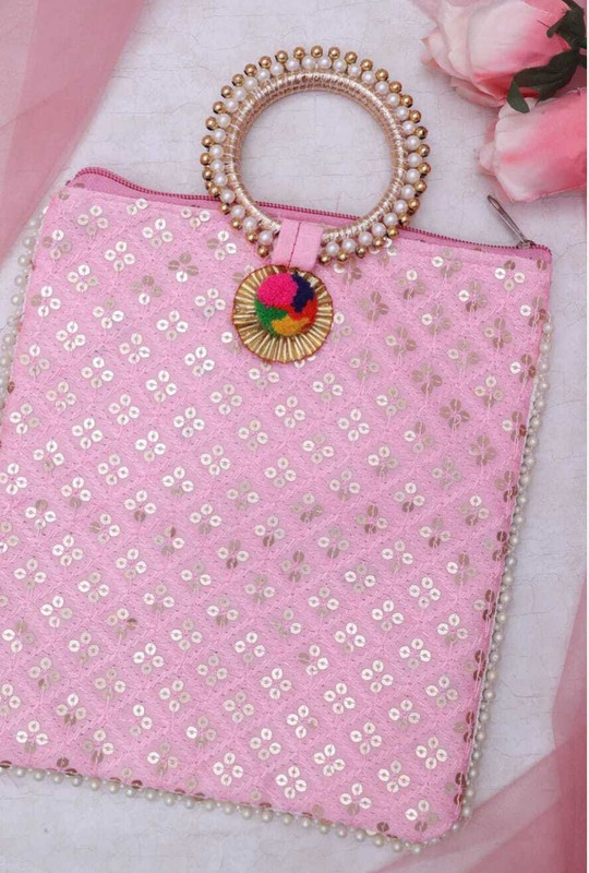 Emporium99 Designer Pink Potli Style Party Bag with Pearl Handle Coin Purse