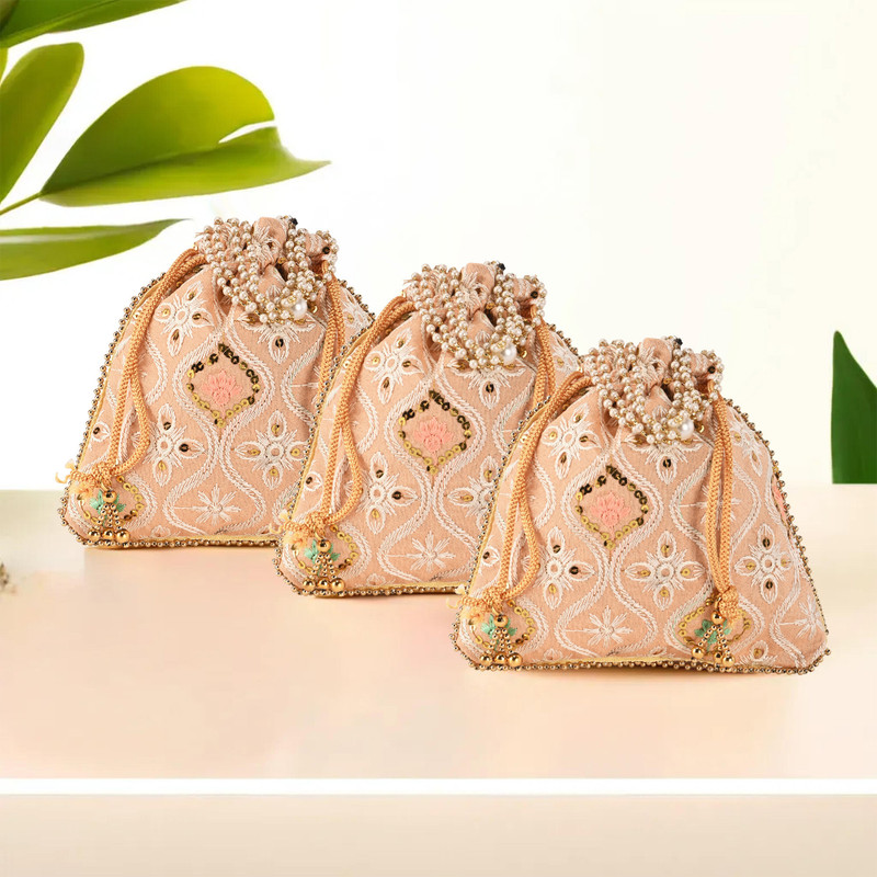 HOMESTIC 3 Pcs Embroidery Pearl Handle Potli Bags for Women | Lakhnavi Print - Peach Potli(Pack of 3)