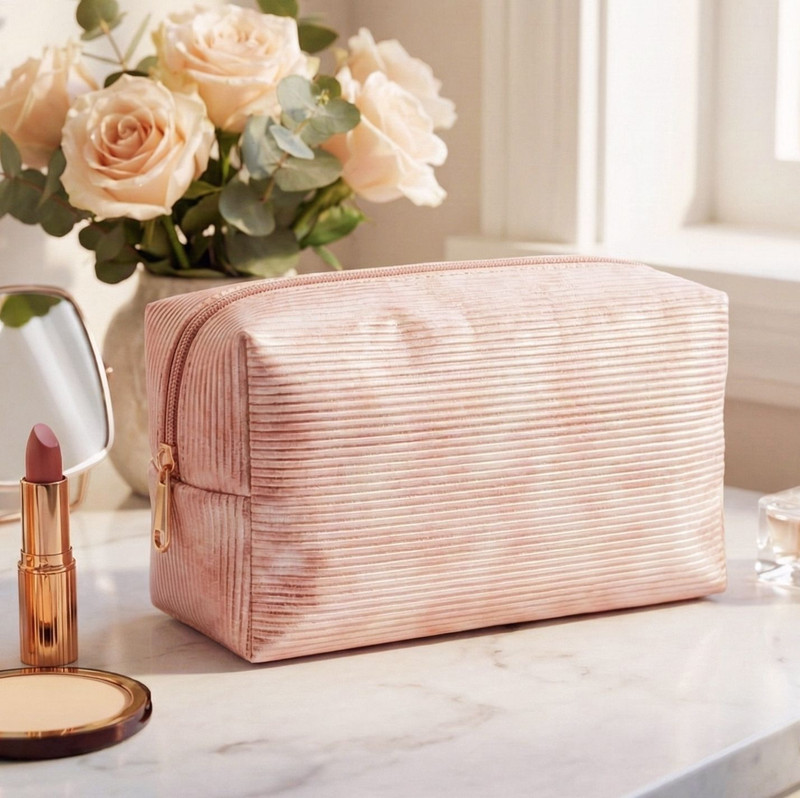 MIAAM Cosmetic Pouch for women Premium Rose Gold Ribbed Texture Travel Makeup Pouch Pouch