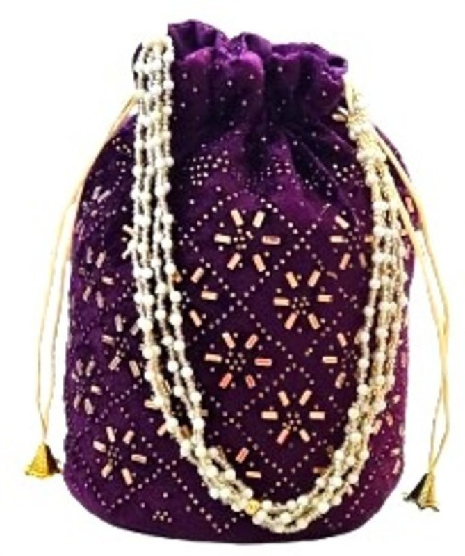 SUNVIKA House Ethnic Potli Handbag with Beaded Handle, Floral Embroidery, Velvet Wristlet Potli