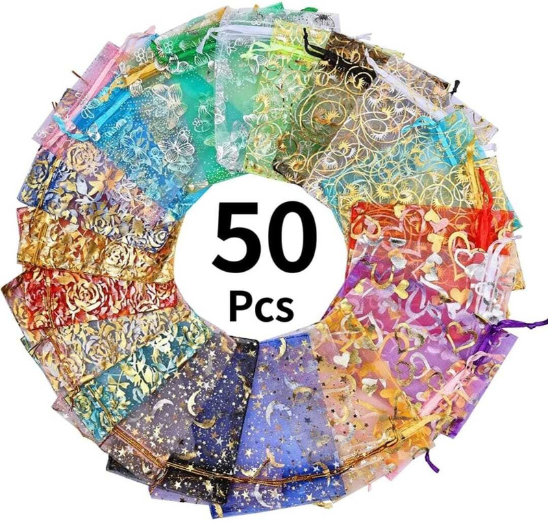DNY 50 Pcs Potli Bags, Organza Pouches 13x18 cm Drawstring Medium Size Potli Bags Potli(Pack of 50)