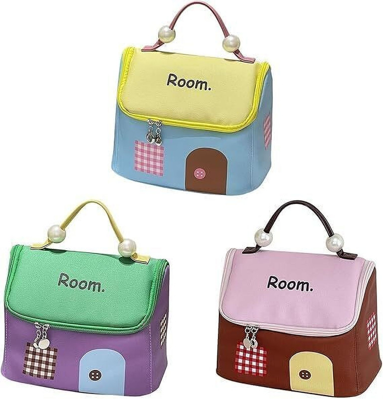 SHIVANI CORP Makeup Travel Pouch,Cute House-Design Cosmetic Bag with Pearl Handle,BigCapacity Cosmetic Bag