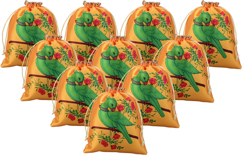 HOMESTIC 10 Pcs Satin 7x9 Inch Potli Bags for Women | Parrot Design - Yellow Potli(Pack of 10)