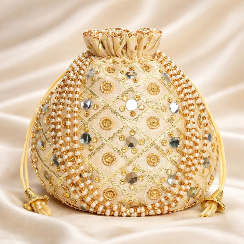 athizay Golden Potli bags for women handbags wedding festive tote bags mirror work ethnic bags Potli