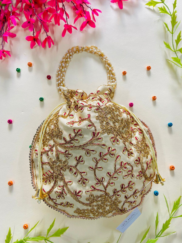 byra Embroidered Potli with Pearl Handle for Women Gifting Purpose Potli