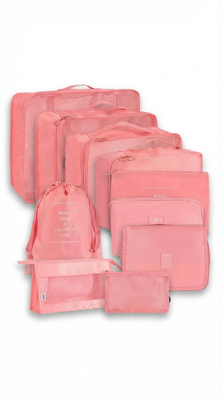 LOVHIDE Pink Mesh Packing Organizer Set with Zippered Cubes and Pouches Cosmetic Bag