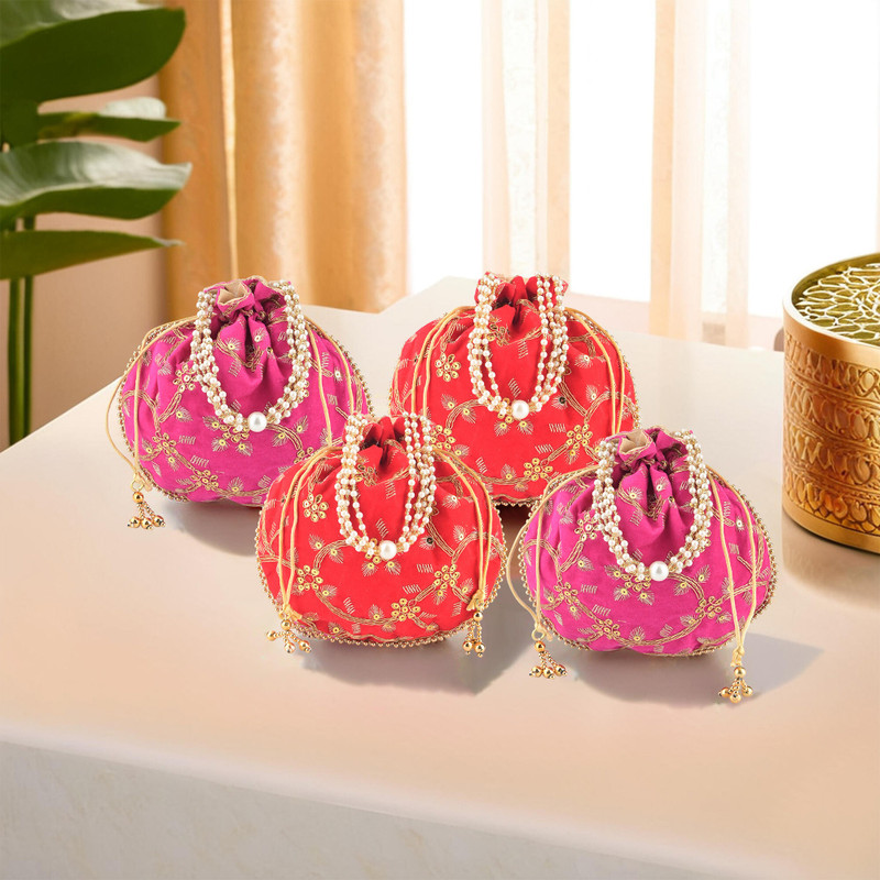 KUBER INDUSTRIES 4 Pcs Polyester Potli Bags for Women | Zari Work Potli Bag | Pink & Red Potli(Pack of 4)