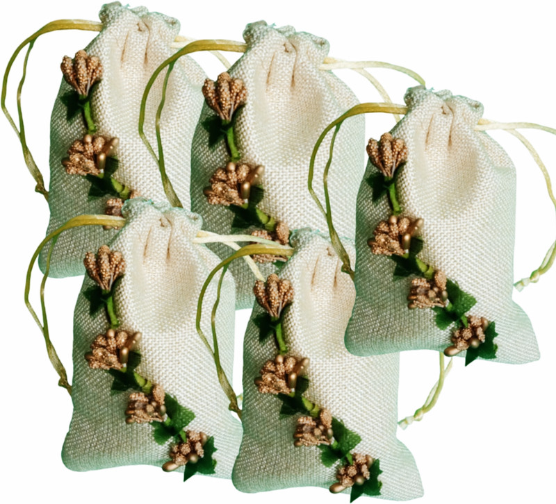 BERRYCRAVE Jute Shagun Potli Bags with GOLDEN POLLENS for small Gifts -15 X 10 CM -Set of 5 Potli(Pack of 5)