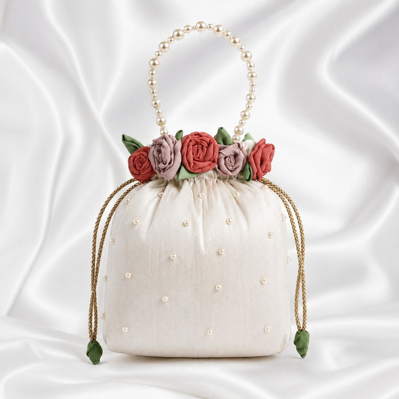 Thuza ​Handcrafted Floral Potli Bag with Pearl Handle | Women’s Ethnic Clutch Potli