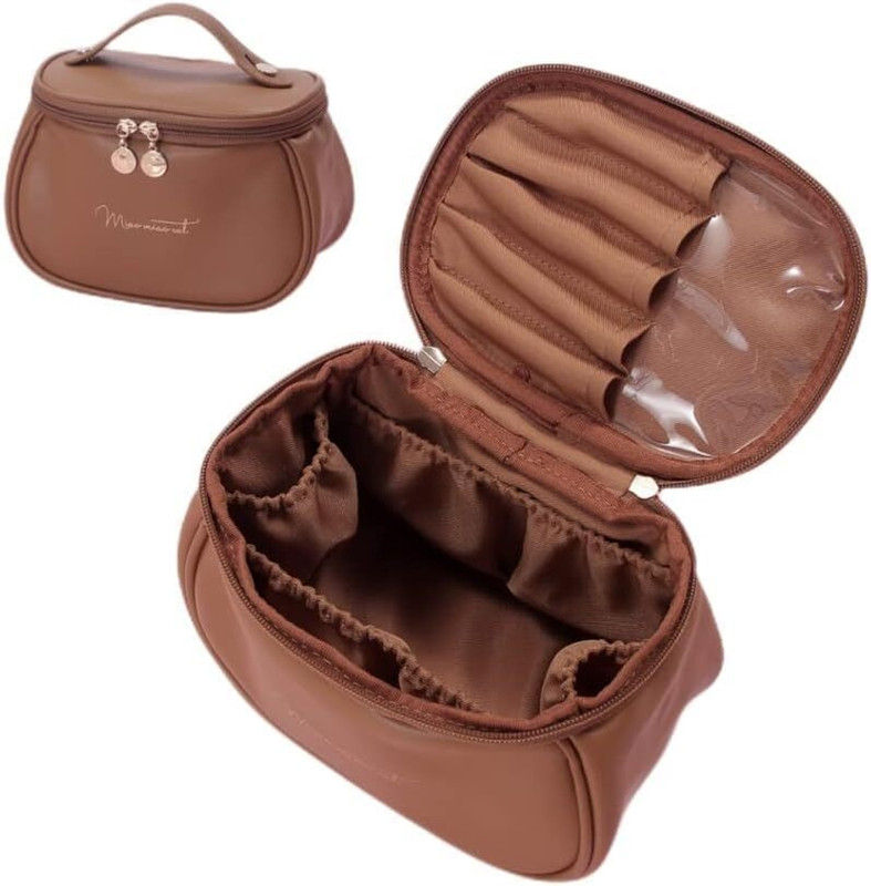 RVKE Portable Makeup Bag, PU Leather Cosmetic Organizer Pouch with Handle & Zipper Cosmetic Bag