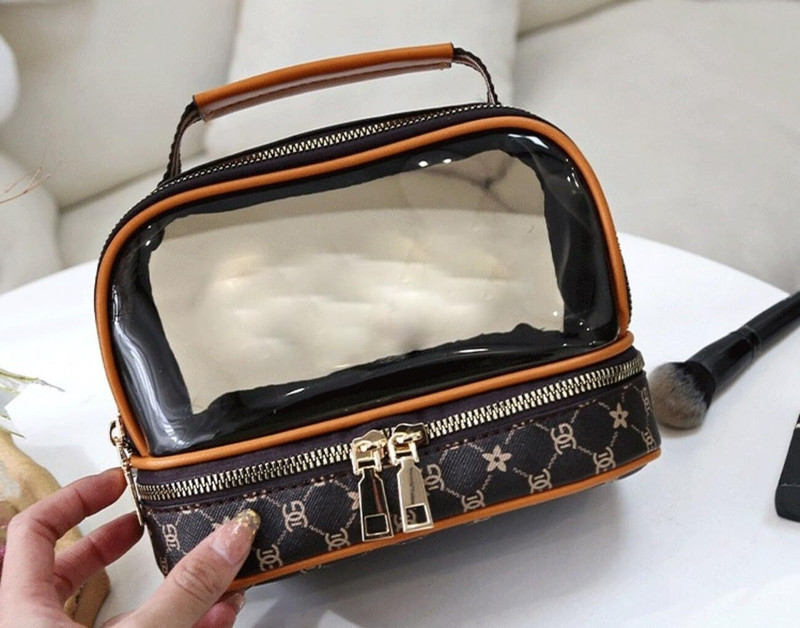 SAMVAT Cosmetic Organizer Bag, Double Layer Travel Toiletry Pouch with Handle & Zipper Cosmetic Bag