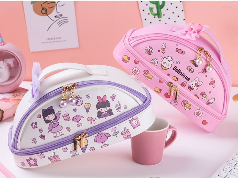 SWOPPERRY Kawaii Half Moon Pencil Case Cute Double Zipper Stationery Bag Pouch(Pack of 2)