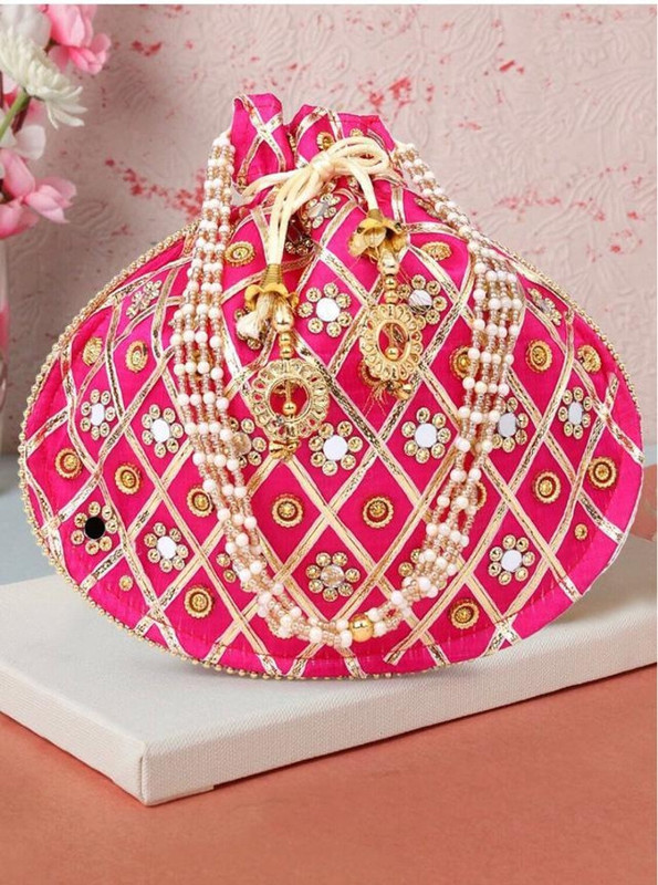 byra Mirror Work Potli Bag with Pearl Handle and Tassels Potli