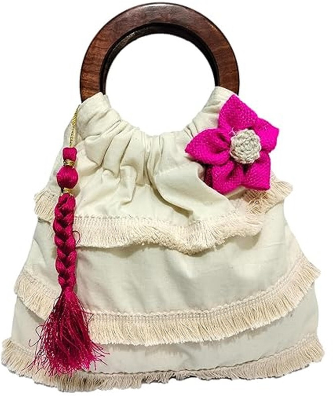 JDDCART Women Handbags handcarfted Wooden handle tassel hanging Flower Embellishment Wristlet