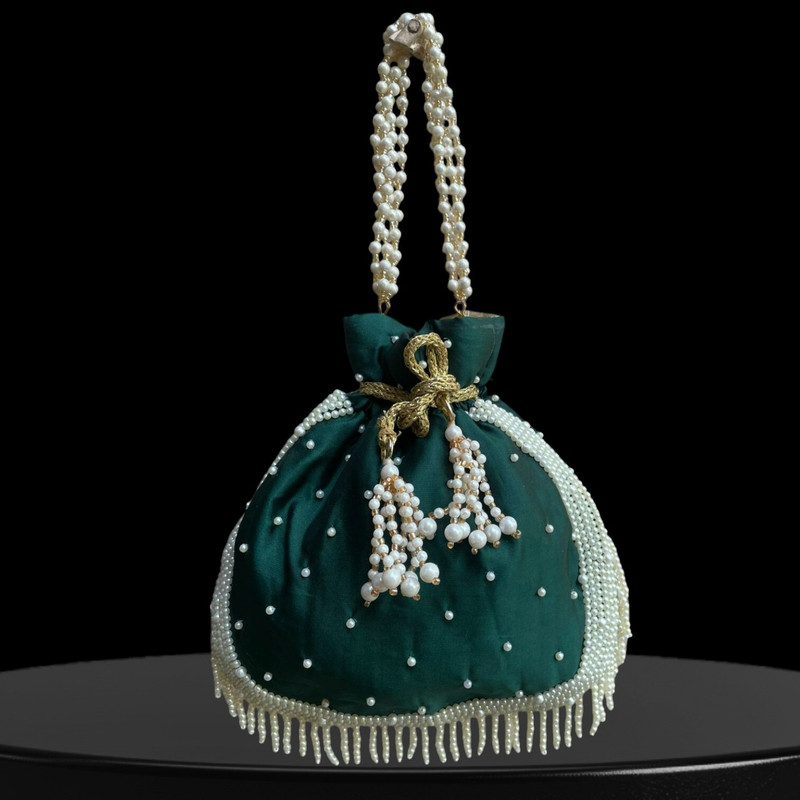 Glimpse DARK GREEN POTLI WITH PEARL HANDWORK AT BOTTOM Potli