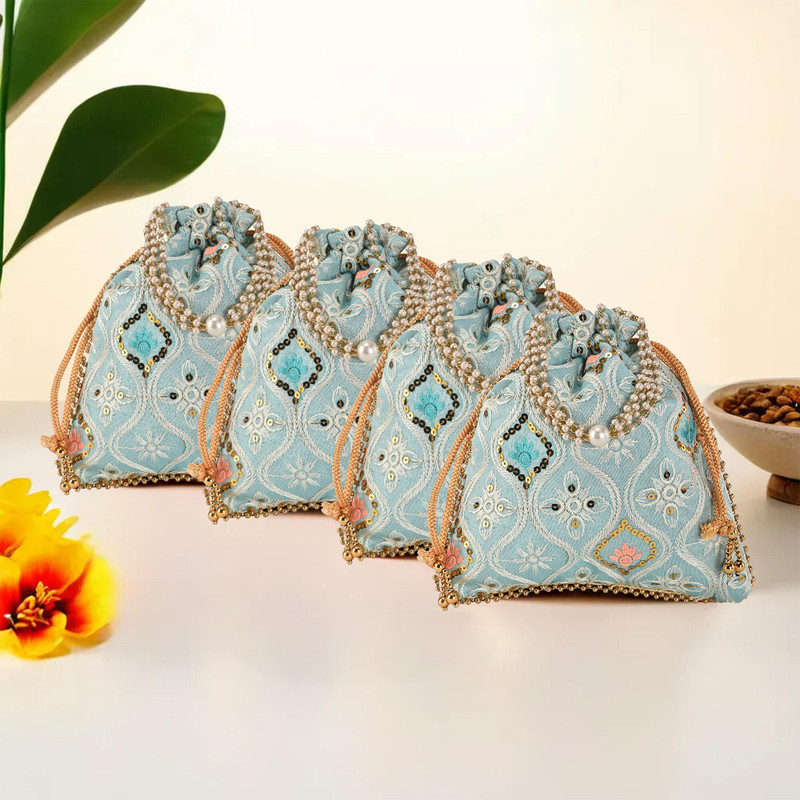 HOMESTIC 4 Pcs Embroidery Pearl Handle Potli Bags for Women | Lakhnavi Print - Sky Blue Potli(Pack of 4)