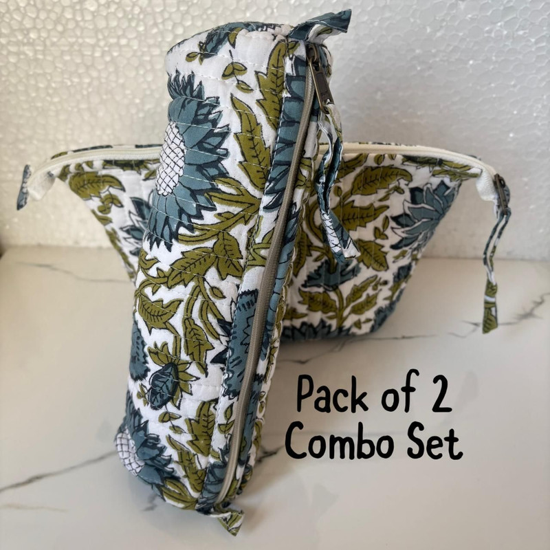 crafttbyawez Handcrafted Cotton Cosmetic & Pencil Pouch (Set of 2) Cosmetic Bag(Pack of 2)