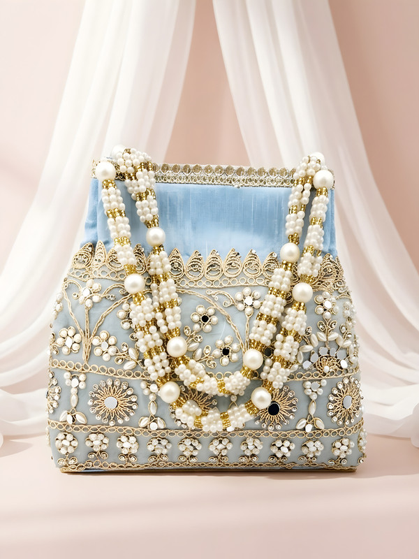 Adiva Blue Fabric Embroidered Pearl Beaded Handheld Handbag Festive & Weddings Potli