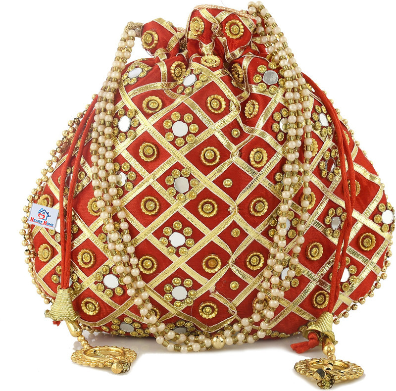 Heart Home 3-Layer Silk Traditional Mirror Work Clutch Potli Batwa Pouch Bag For Women/Girls (Red)-31_S_HHOME11527 Potli