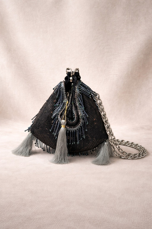 JDDCART handbag Black Sequin Cutdana Work dual use potli pyramid/samosa shaped Potli Wristlet