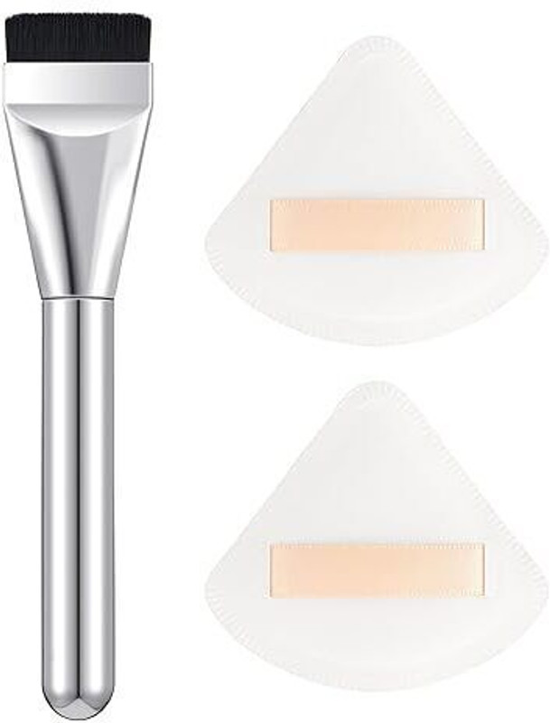My Colors 2Pack Flat Foundation Brush Powder Puff Kit Super Thin Blade Foundation Makeup(Silver)