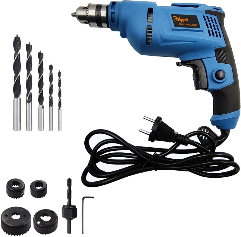 Hillgrove HGCM1092M3 500W Power Drill Machine with 5 Pcs Wood Bits and 6Pcs Hole Saw Drill Bits for Making Holes in Metal/Wood/Concrete with Reverse Rotation HF0169 Pistol Grip Drill(10 mm Chuck Size)