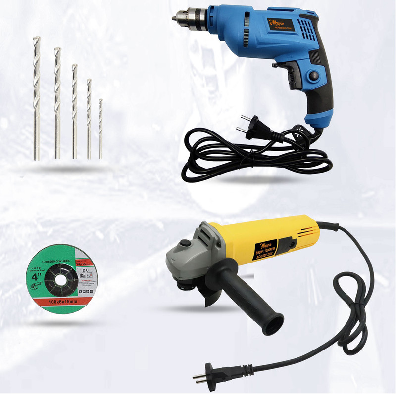 Hillgrove HGCM15M1 Angle Grinder With 500W Drill Machine with 5 Drill Bits HGCM15M1 for Hole in Metal/Wood/Concrete with Reverse Rotaion and Variable Speed Pistol Grip Drill(10 mm Chuck Size)