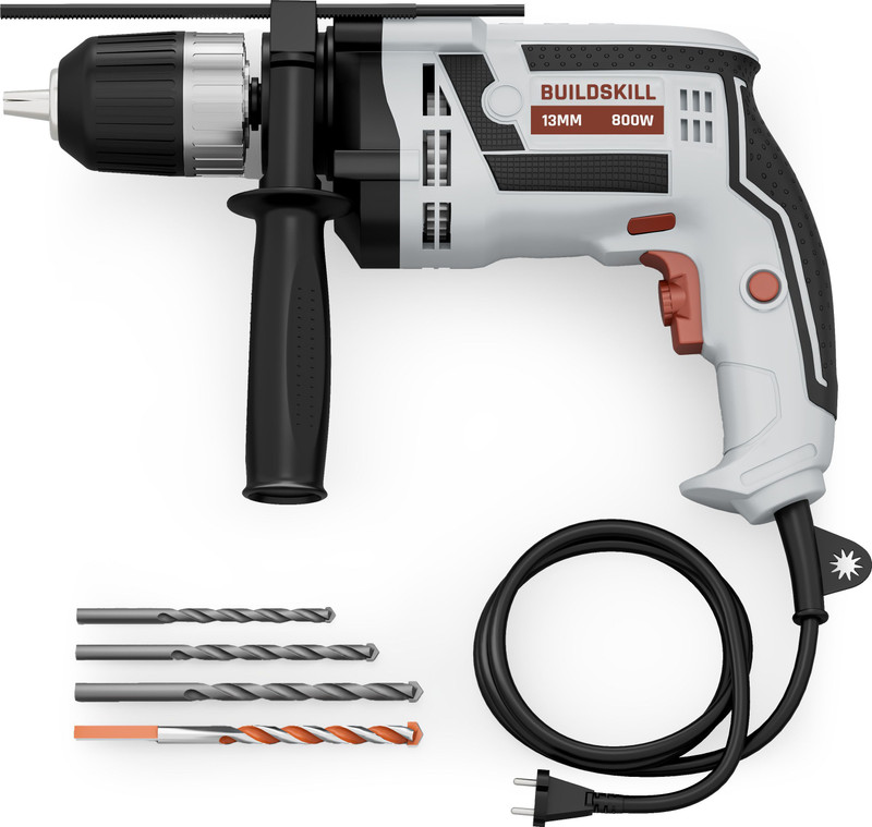 BUILDSKILL 800W impact power drill machine | 0-3000 RPM | keyless chuck | variable peed | BDM13800RE Pistol Grip Drill(13 mm Chuck Size)
