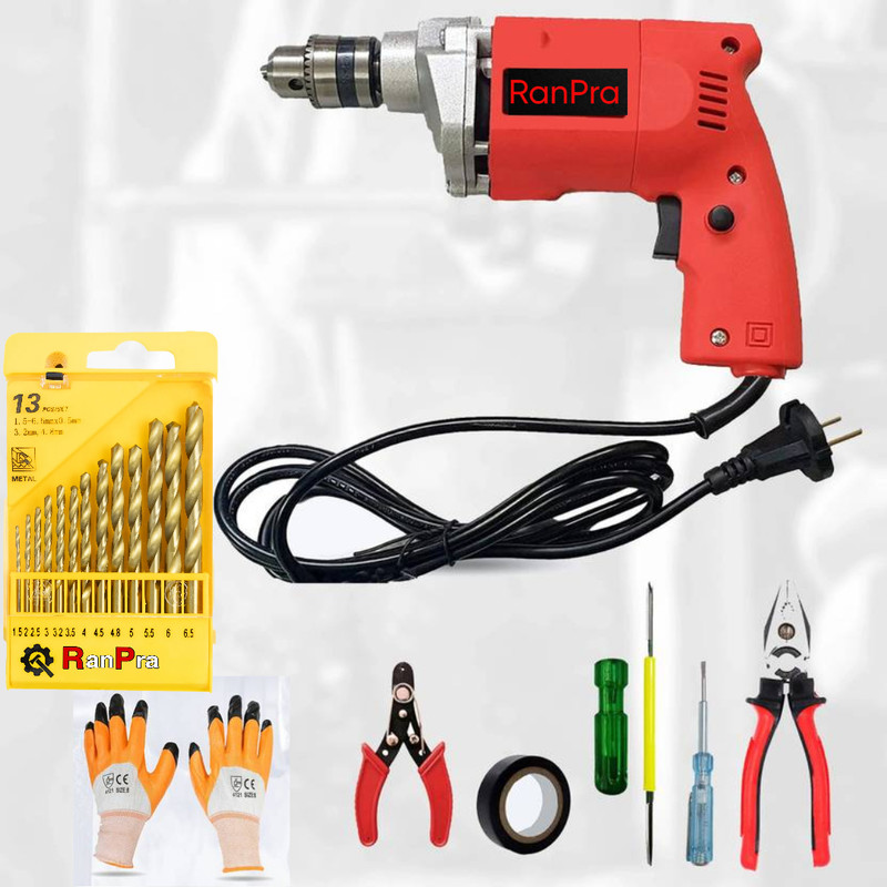 RanPra 100% COPPER WINDING 10MM DRILL MACHINE AND 13PCS DRILL BIT WITH 6 HAND TOOL KIT Pistol Grip Drill(10 mm Chuck Size)