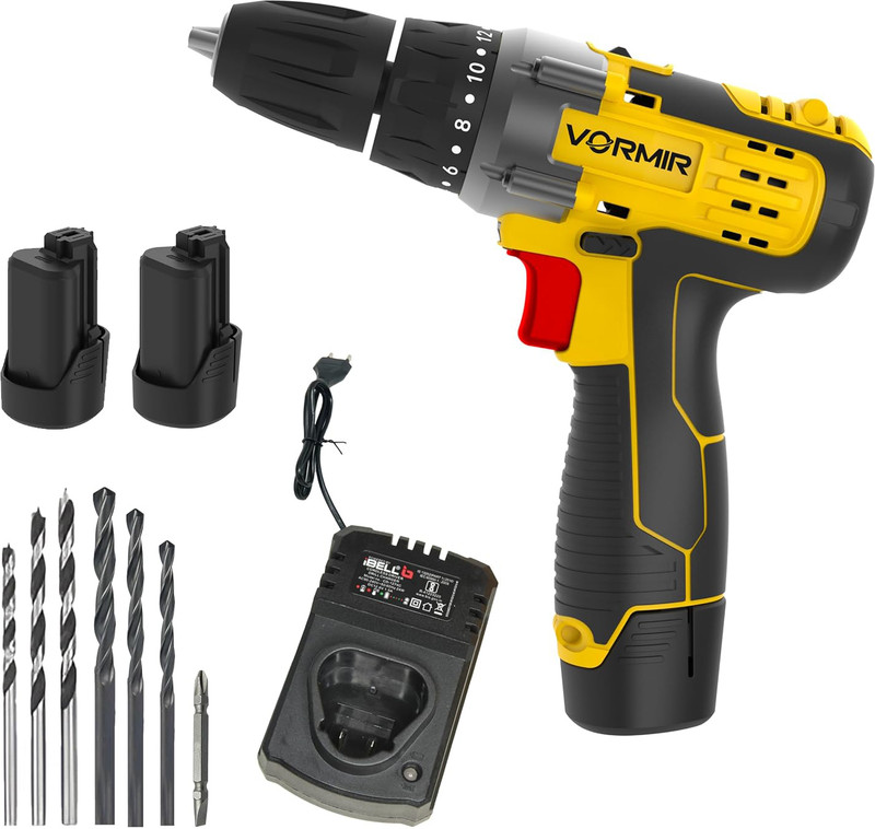 iBELL VORMIR VR CD12-46 Cordless Drill Driver, 2 Batteries, 12V,0-400/0-1450 RPM,25Nm, 2 x 1500mAh Li-Ion Batteries, Fast Charger, 1 Hour Charging, Compact Design Cordless Drill(10 mm Chuck Size)
