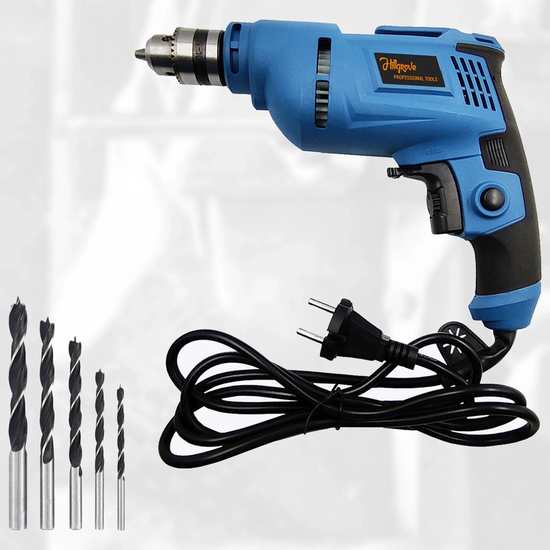 Hillgrove HGCM61M3 500W Power Drill Machine with Gloves and 5Pcs HSS Drill Bits for Making Holes in Concrete/Metal/Wood with Reverse Rotation and Variable Speed Impact Driver(10 mm Chuck Size, 500 W)