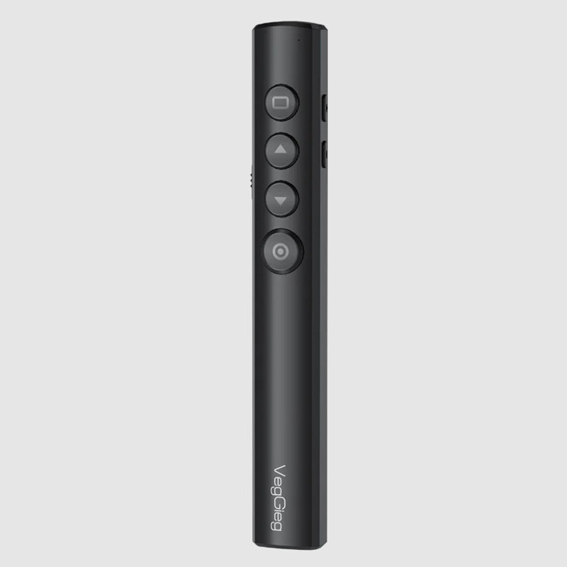 Veggieg Wireless Presenter with Laser Pointer | 2.4GHz | Plug & Play USB Receiver V-LP series, specifically identified as model V-LP003. Presenter(100M Range | Slide Control & Screen Blackout, Black)