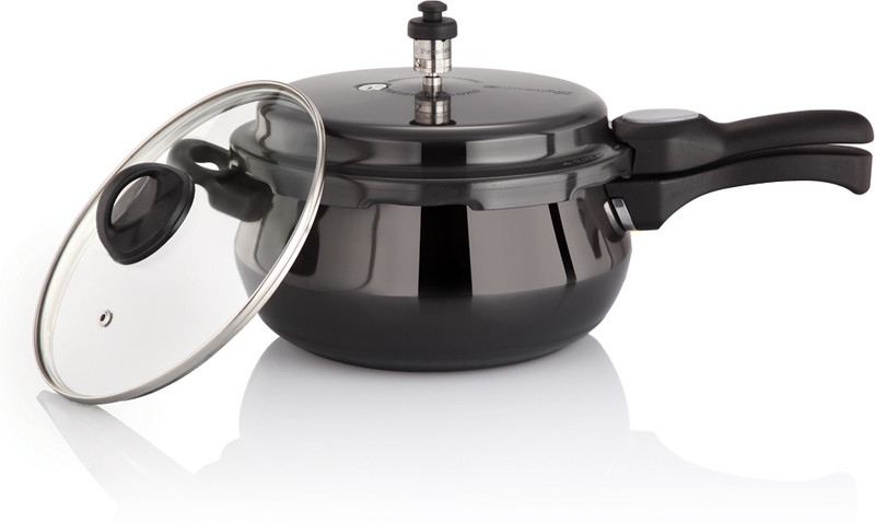Premier Premier Cucina Trendy Black Handi Pressure Cooker With Glass Lid 3 L Outer Lid Induction Bottom Pressure Cooker(Hard Anodized)