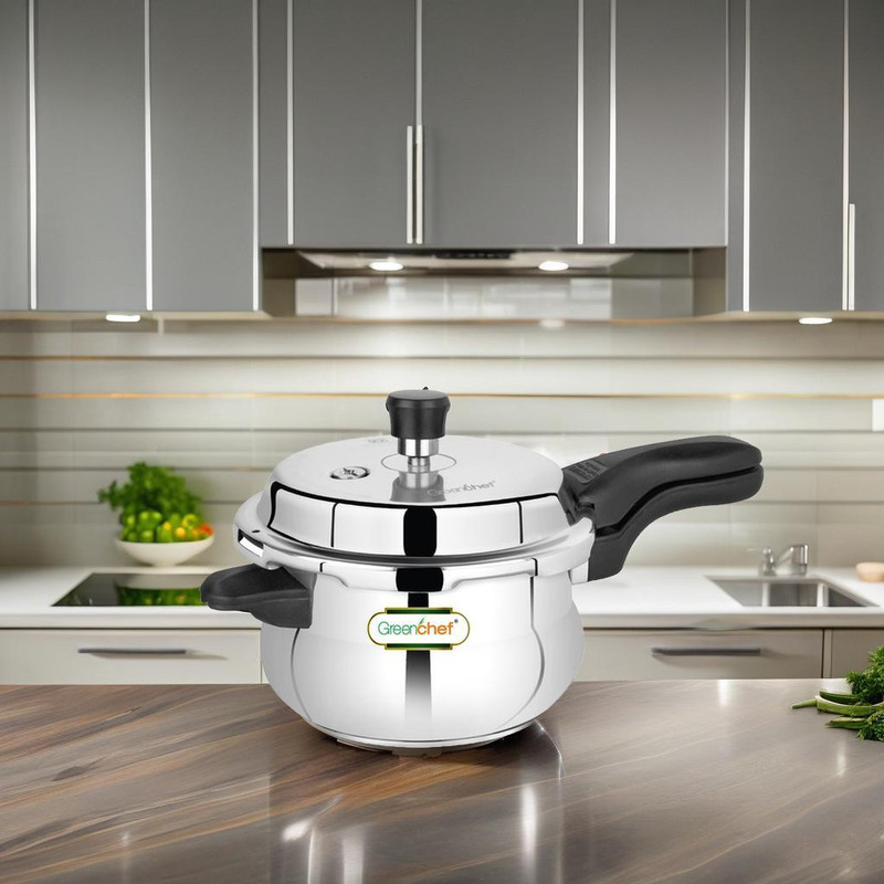 Greenchef Classic Curve Induction Bottom Handi Shaped (Heavy Sandwich Bottom) 3 L Outer Lid Induction Bottom Pressure Cooker(Stainless Steel)