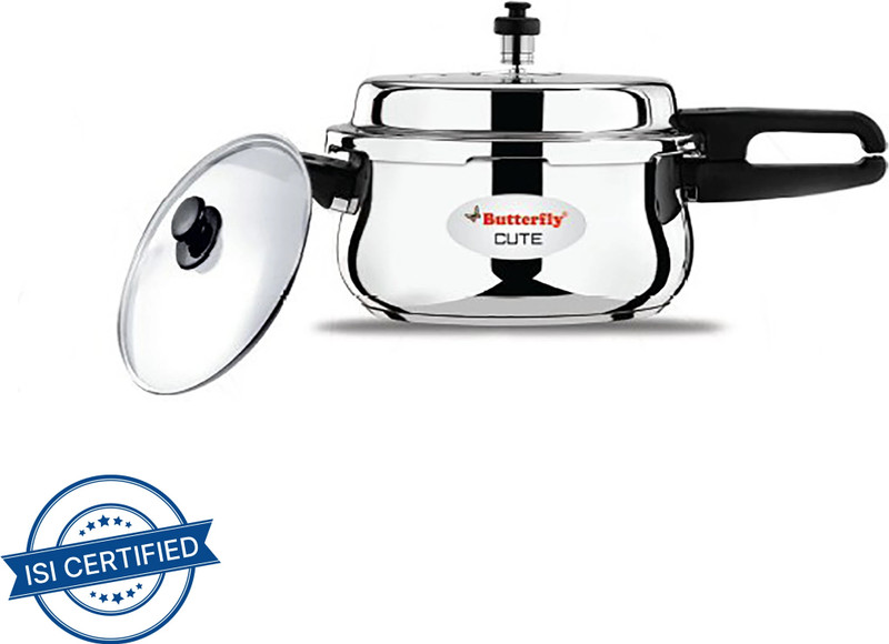 Butterfly Present Stainless steel cute 3.0 liter cooker with extra glass Lid 3 L Outer Lid Induction Bottom Pressure Cooker(Stainless Steel)