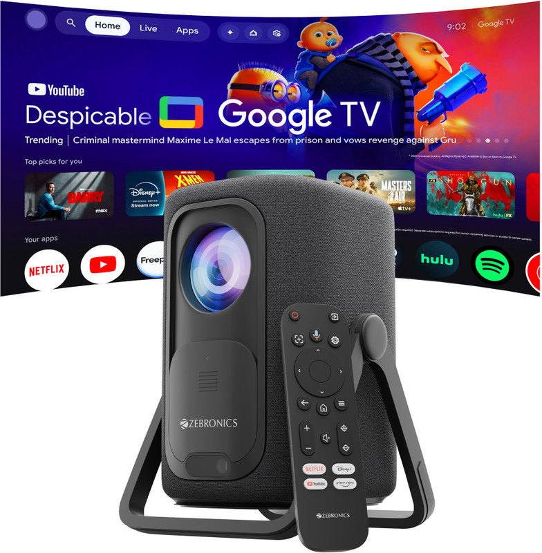 ZEBRONICS Official Google TV Projector (7500 lm / Wireless / Remote Controller) Portable 4K Support, 200 Display, Auto Focus & Keystone, 270 Tilt, Portable Home Theater Cinema, Netflix, Prime, WiFi, BT, HDMI ARC (PixaPlay 77G) Projector(Black)