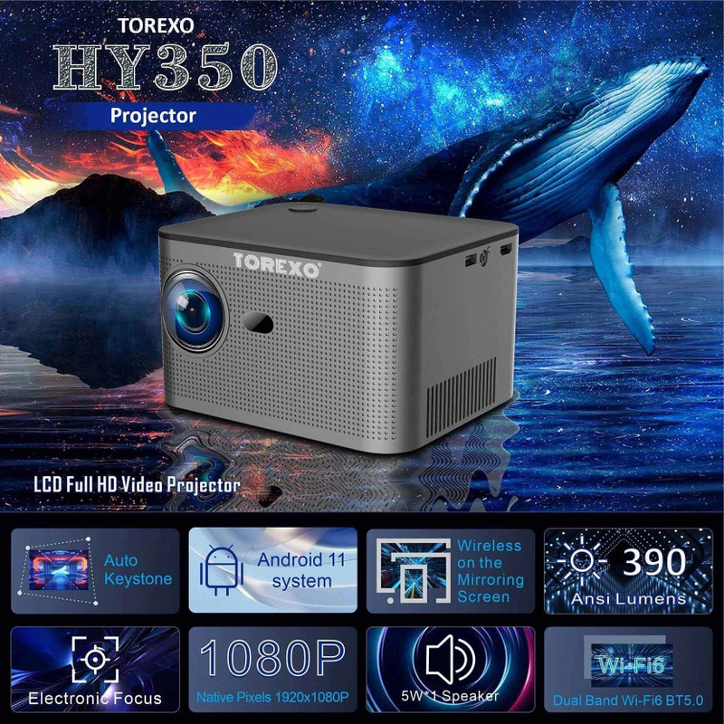 TOPPRO HY350 4K Support Native FullHD Android 11 Wifi BT Electric Focus & Auto Keystone (8000 lm / 2 Speaker / Wireless / Remote Controller) Portable Projector(Grey)