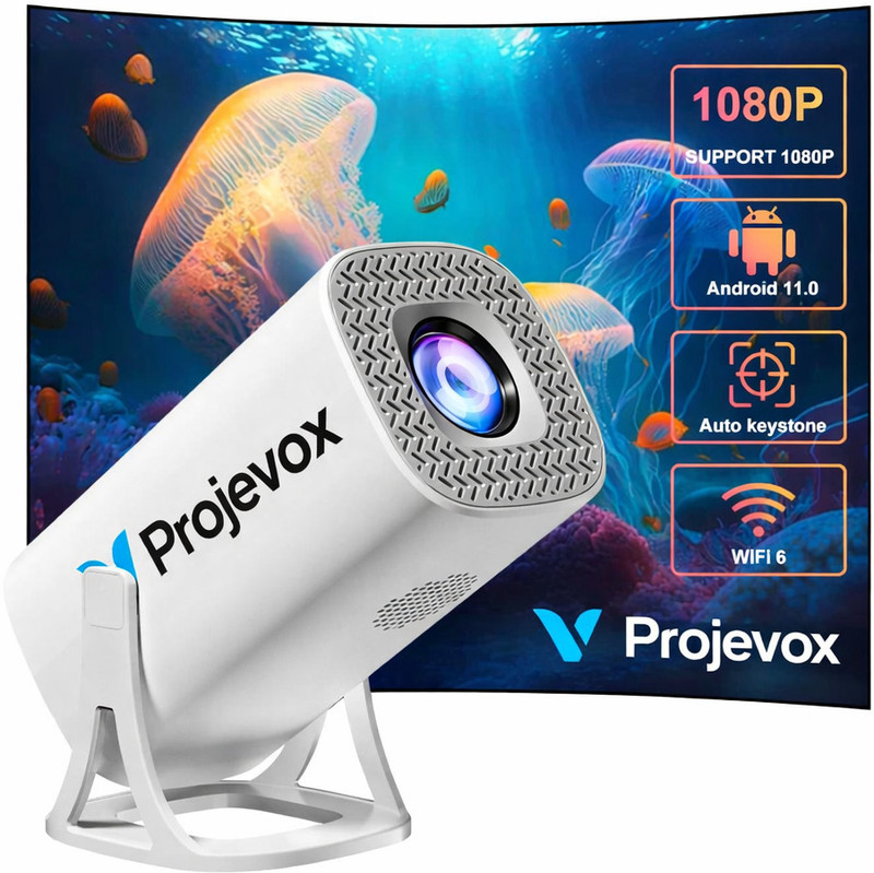 Projevox Android 11 LCD Mini Portable Projector, 4K Support, 720P Native, LED Lamp (6000 lm / 1 Speaker / Wireless / Remote Controller) Portable Projector(White)
