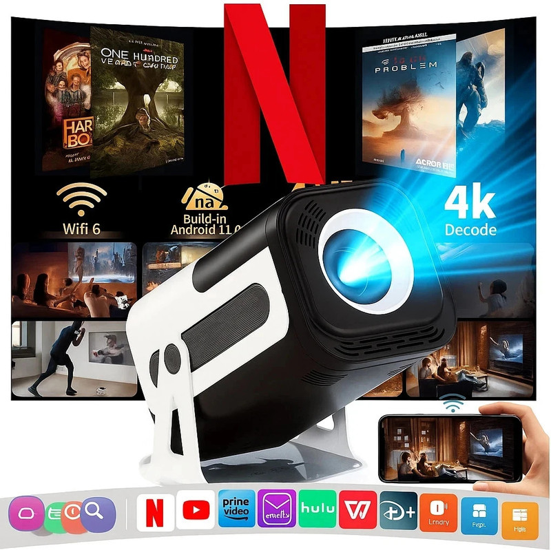 Prizmos HY320 Mini Projector 4K Support HD Android 11 WiFi 6 BT 5.0 Auto Keystone (5500 lm / Wireless) Portable Projector(Pitch Black)