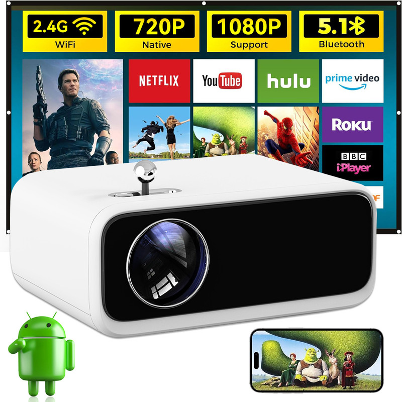 WANBO Mini Pro (2500 lm / 1 Speaker / Wireless) Android 9.0 | Native 720p Full HD 1080P Support | LTPS LCD | 2900L (250 ANSI) | 176" Large Screen | Home Outdoor | WiFi & BT | Netflix, Prime & More Projector(White)