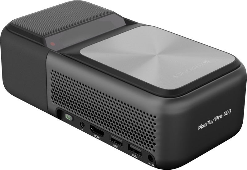 ZEBRONICS Zeb-Pixaplay Pro 500 (Zeb-MLP 10) (12500 lm) Portable 1080p, 90 Inch Screen Size, Electronic Focus, Android, Air Mouse, Built-in Speaker, Bluetooth, HDMI, WIFI, Miracast, Ultra Short Throw, Smart Projector(Metallic Grey)