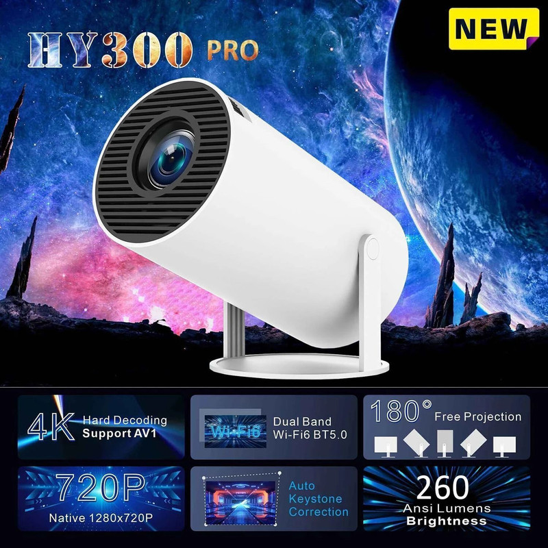 Shopexo S40 Pro 1GB/8GB,4K Support Android 14 WiFi6/BT5.0 Auto Keystone (6000 lm / 1 Speaker / Wireless / Remote Controller) Portable Projector(White Grey)