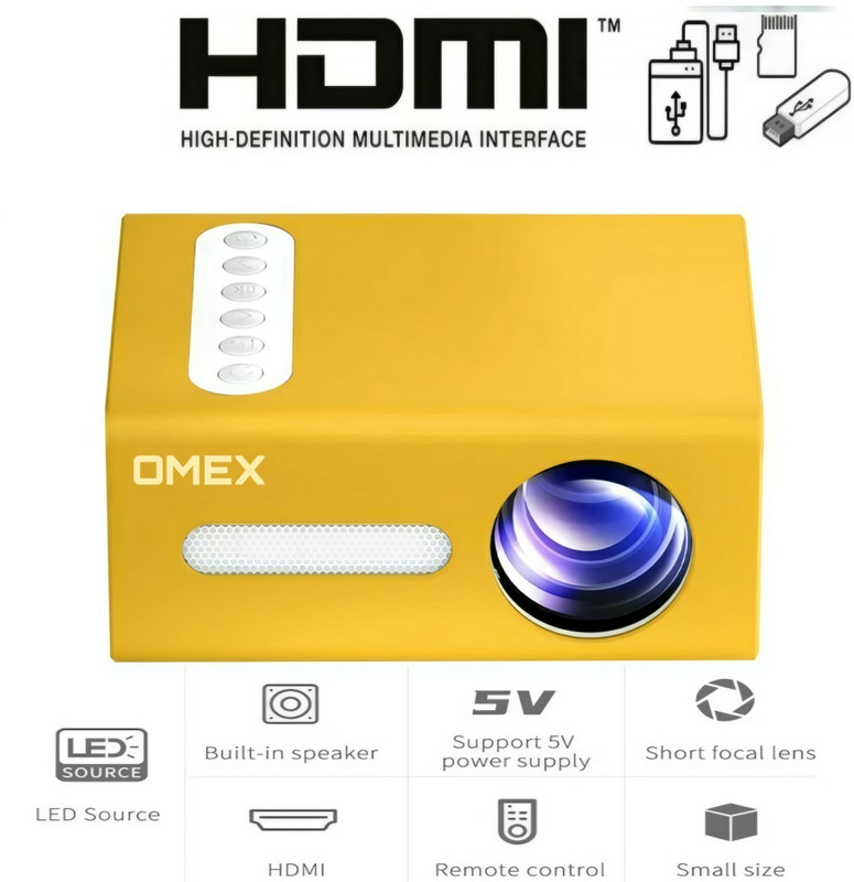 Omex Home Cinema HD LED Projector 5V DC Power Bank Power Supply (1000 lm / 1 Speaker / Remote Controller) Portable Projector(Yellow)