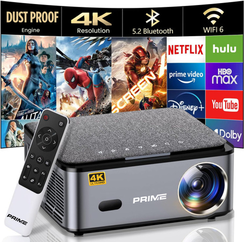 Prime Projector Latest PS4 4K UHD 3D Projector| Android 9.0, 4D Keystone| 350" LED Projector| (10500 lm / 2 Speaker / Wireless / Remote Controller) Portable Projector(Matte Finish - Black-Grey)